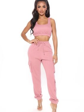 Women’s fashion nova mauve Pink Cargo Jogger Set - Crop Tank & Drawstring Pants